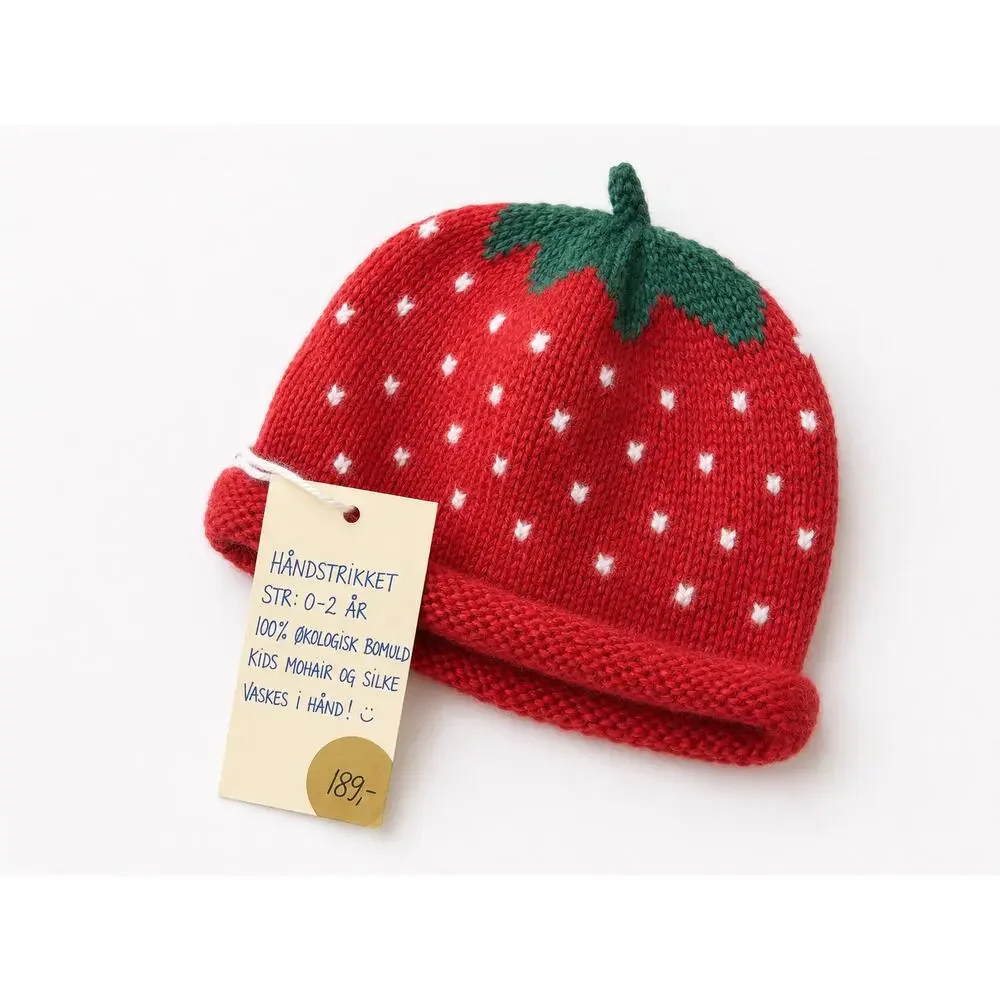 Baldvinsson Hand Knit Strawberry Beanie Hat 0-2 Years NWT Cotton Mohair Silk